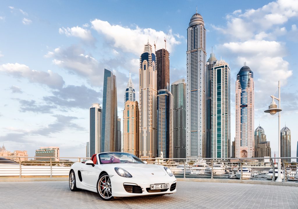 Porsche Cayman In front of A city